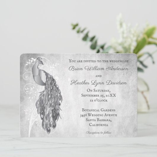Silver Peacock Wedding Invitation Kaart (Staand voorkant)