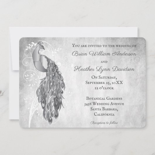 Silver Peacock Wedding Invitation Kaart (Voorkant)