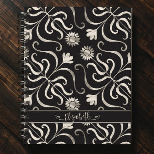 Silver Pearl Floral Damask Sunflower Classy Black Notitieboek