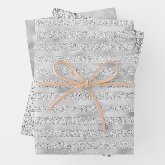 Silver Pearl Glam Glitter Stripes Inpakpapier Vel (In situ)