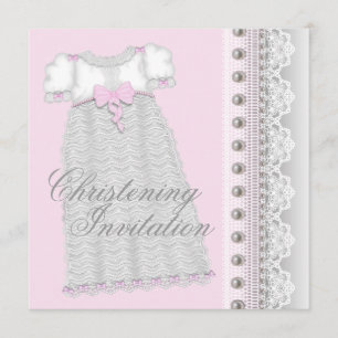 Silver Pearls Gown Baby Girl Pink Christening Kaart
