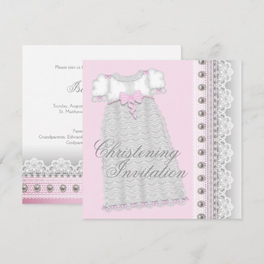 Silver Pearls Gown Baby Girl Roze Doop Kaart (Voorkant / Achterkant)