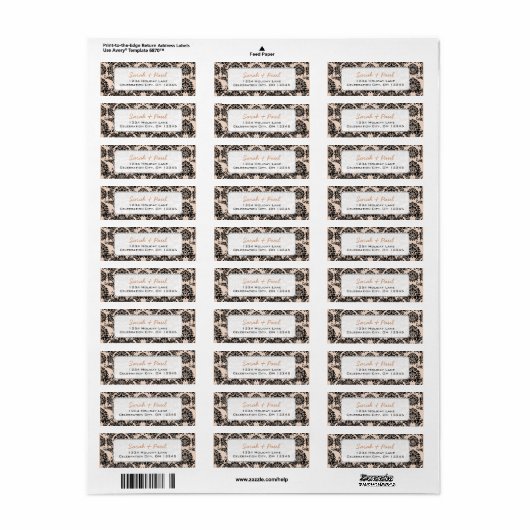 Silver Peony Black Damask Return Address Labels (Full Sheet)
