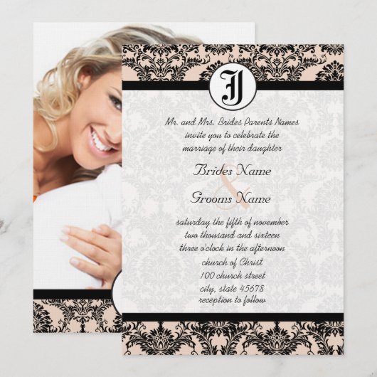 Silver Peony Damask Foto Wedding Invitate Kaart (Voorkant / Achterkant)
