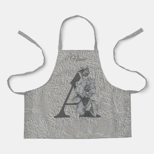 Silver Peony Elegant Monogram Initiaal A Naam Apro Schort (Voorkant)