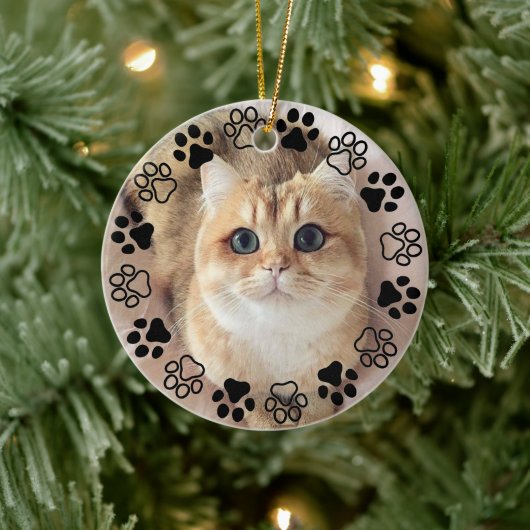 Silver Pet Paw Custom Cat Photo Ceramic Ornament (Boom)
