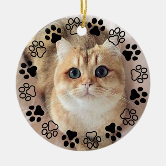 Silver Pet Paw Custom Cat Photo Ceramic Ornament (Voorkant)