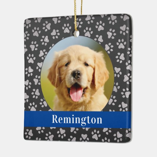 Silver Pet Paw Drukt Blue Custom Dog Name Photo Keramisch Ornament (Links)