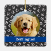Silver Pet Paw Drukt Blue Custom Dog Name Photo Keramisch Ornament (Achterkant)