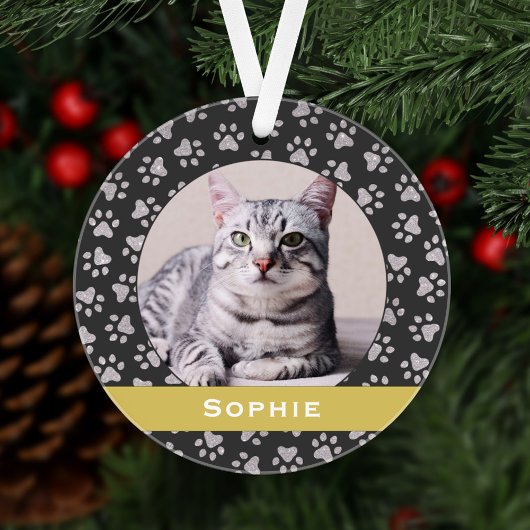 Silver Pet Paw drukt Gold Custom Cat Name Foto Ornament