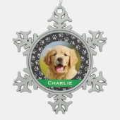 Silver Pet Paw Drukt Groene Aangepaste Dog Name Fo Tin Sneeuwvlok Ornament (Voorkant)