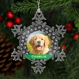 Silver Pet Paw Drukt Groene Aangepaste Dog Name Fo Tin Sneeuwvlok Ornament