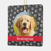 Silver Pet Paw Drukt Rode Aangepaste Dog Naam Foto Keramisch Ornament (Links)