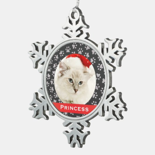 Silver Pet Paw Drukt Rode Douane Naam Foto Tin Sneeuwvlok Ornament (Rechts)