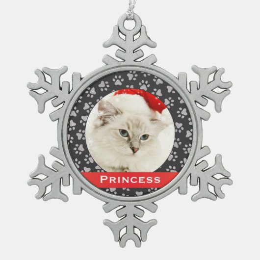 Silver Pet Paw Drukt Rode Douane Naam Foto Tin Sneeuwvlok Ornament (Voorkant)