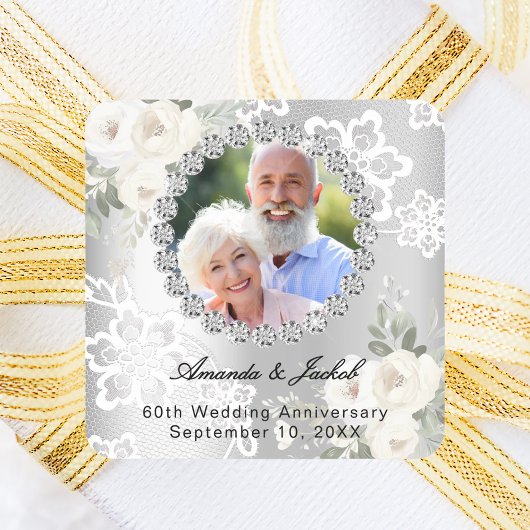 Silver photo 60th diamond wedding anniversary vierkante sticker