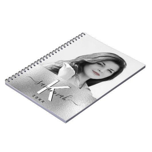 Silver Photo Monogram Name script Notitieboek (Linkerzijde)