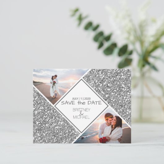 Silver Photo Save the Date Briefkaart (Staand voorkant)