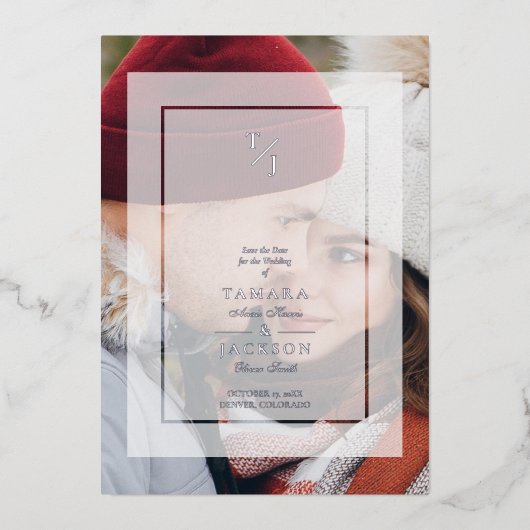 Silver Photo Wedding Vellum Transparency Initialen Folie Uitnodiging (Voorkant)