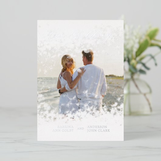 Silver Photo Whimsical Our Wedding Script Real Folie Uitnodiging (Staand Voorkant)