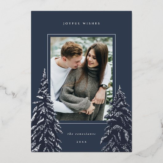 Silver Pine | Kerstfoto van Elegant Folie Feestdagenkaart (Voorkant)
