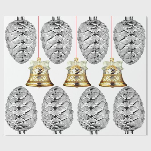 Silver Pinecones en Bells Wrapping Paper Cadeaupapier (Vlak)