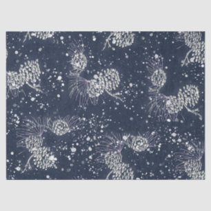 Silver Pinecones Snow Navy Blue Holiday Tissuepapier