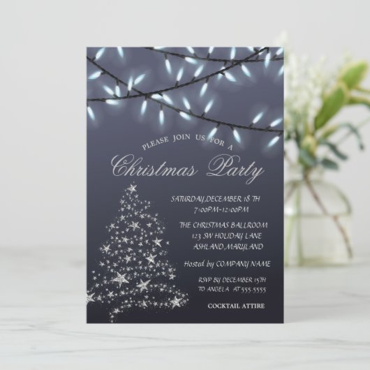 Silver PineTree, String Lights kerstparty Kaart (Staand voorkant)