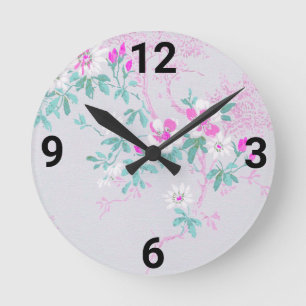 Silver Pink Aqua Floral Cherry Blossom WALL CLOCK Ronde Klok