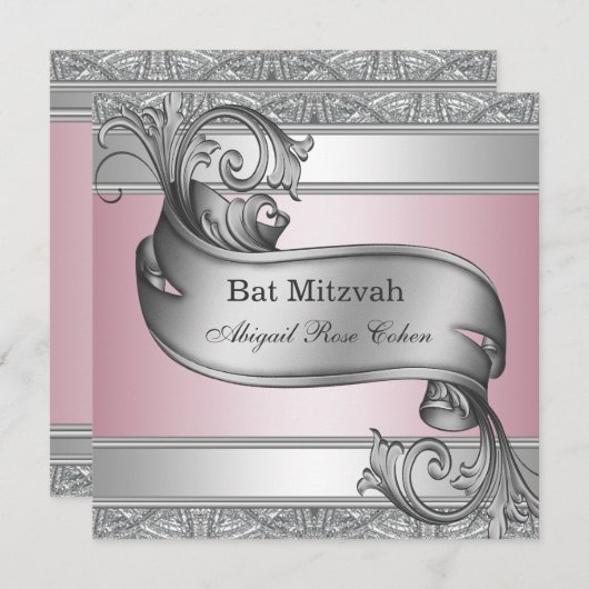 Silver Pink Bat Mitzvah Kaart (Voorkant / Achterkant)
