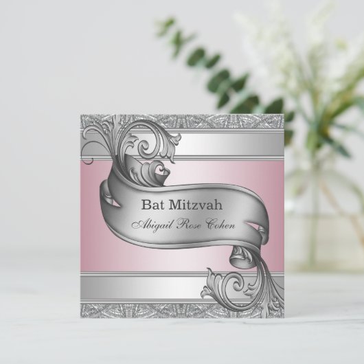 Silver Pink Bat Mitzvah Kaart (Staand voorkant)