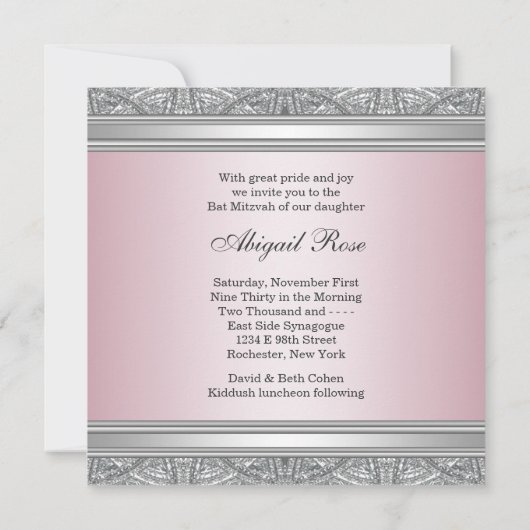 Silver Pink Bat Mitzvah Kaart (Achterkant)