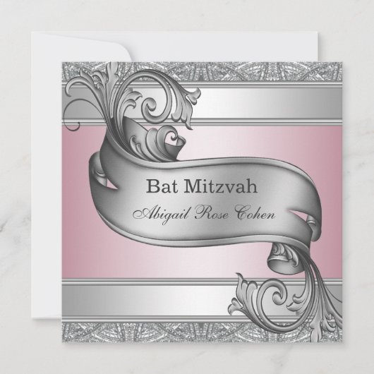 Silver Pink Bat Mitzvah Kaart (Voorkant)