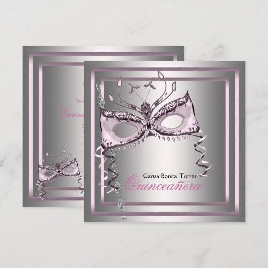 Silver Pink Black Masquerade Party Kaart (Voorkant / Achterkant)