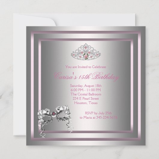 Silver Pink Black Masquerade Party Kaart (Achterkant)