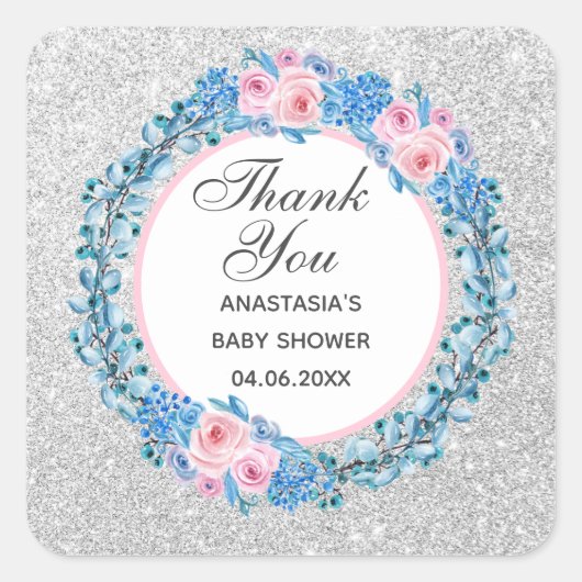 Silver Pink Blue Floral Roos Dank u Baby shower Vierkante Sticker (Voorkant)
