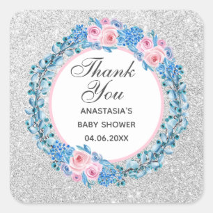 Silver Pink Blue Floral Roos Dank u Baby shower Vierkante Sticker