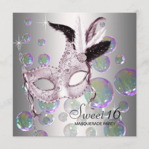 Silver Pink Bubbles Sweet Sixteen Masquerade Party Kaart