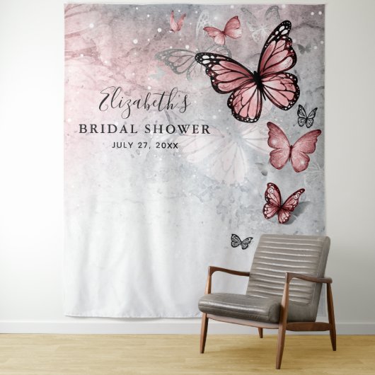 Silver Pink Butterfly Photo Backdrop Tapestations Wandkleed (In situ)