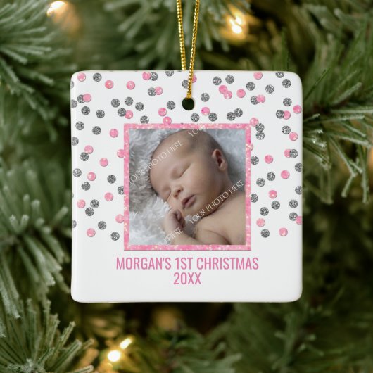 Silver Pink Confetti Baby eerste kerstfoto Keramisch Ornament (Boom)
