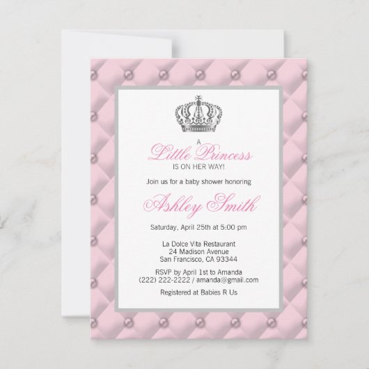 Silver Pink Crown Princess Baby shower Invitation Kaart (Voorkant)