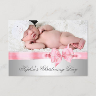 Silver Pink Damask Bow Girl Foto Christening Kaart