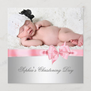 Silver Pink Damask Bow Girl Foto Christening Kaart