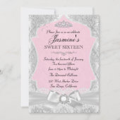 Silver Pink Damask Bow Sweet 16 Uitnodiging (Voorkant)