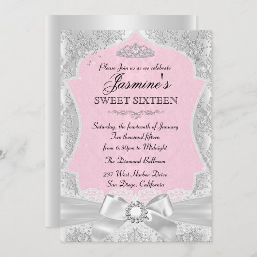 Silver Pink Damask Bow Sweet 16 Uitnodiging (Voorkant / Achterkant)