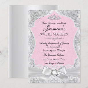Silver Pink Damask Bow Sweet 16 Uitnodiging