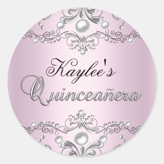 Silver & Pink Damask Pearl Quinceanera Sticker (Voorkant)
