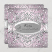 Silver & Pink Damask Pearl Quinceanera Uitnodiging (Voorkant / Achterkant)