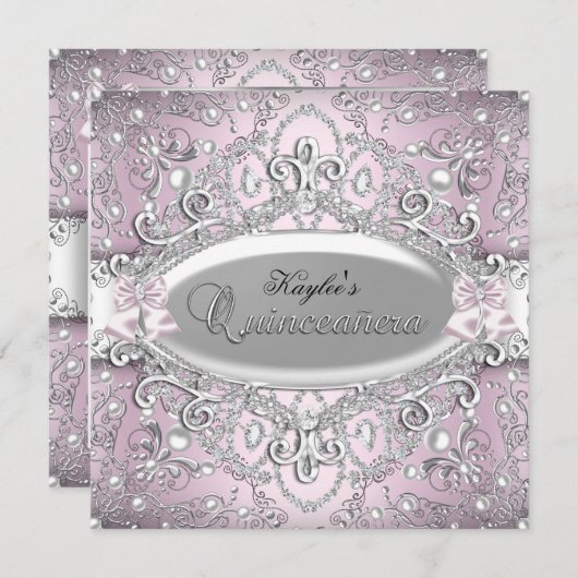 Silver & Pink Damask Pearl Quinceanera Uitnodiging (Voorkant / Achterkant)