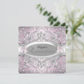 Silver & Pink Damask Pearl Quinceanera Uitnodiging (Staand voorkant)